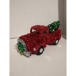 Christmas Red "Tinseled Out" Pick Up Truck Bringing Home The Tree 12"